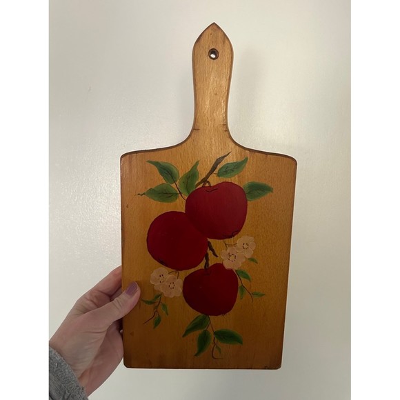 Vintage Wood Wall Hanging Cutting Board with Hand painted Apple design flowers - Picture 1 of 9
